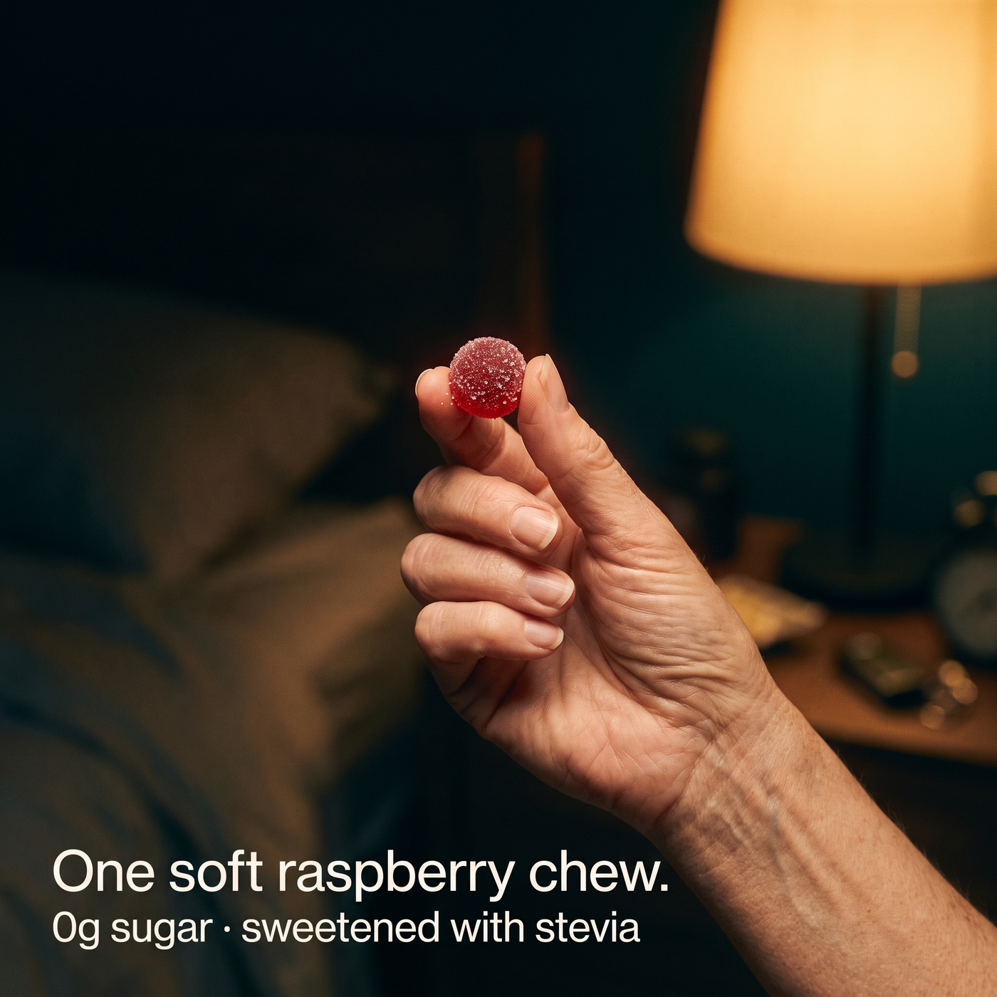 One soft raspberry chew - 0g sugar, sweetened with stevia