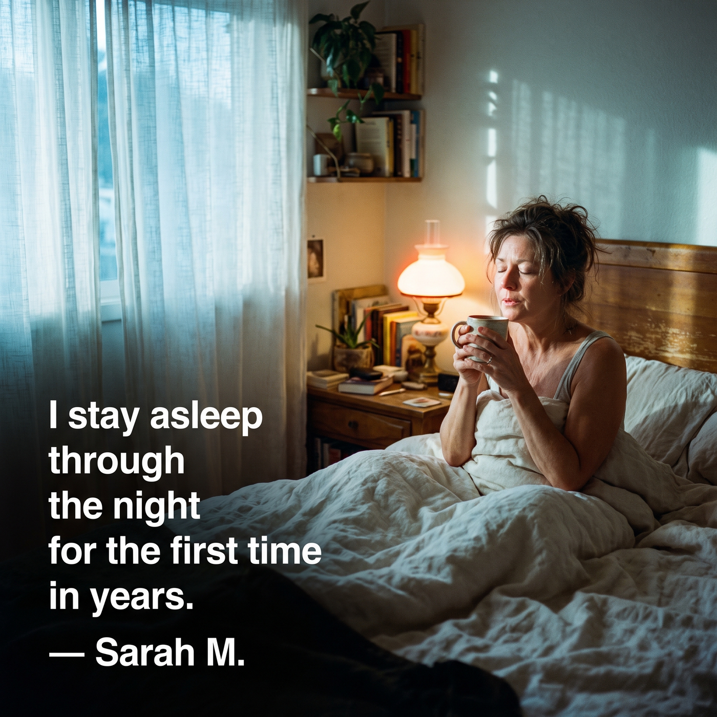 I stay asleep through the night for the first time in years - Sarah M.