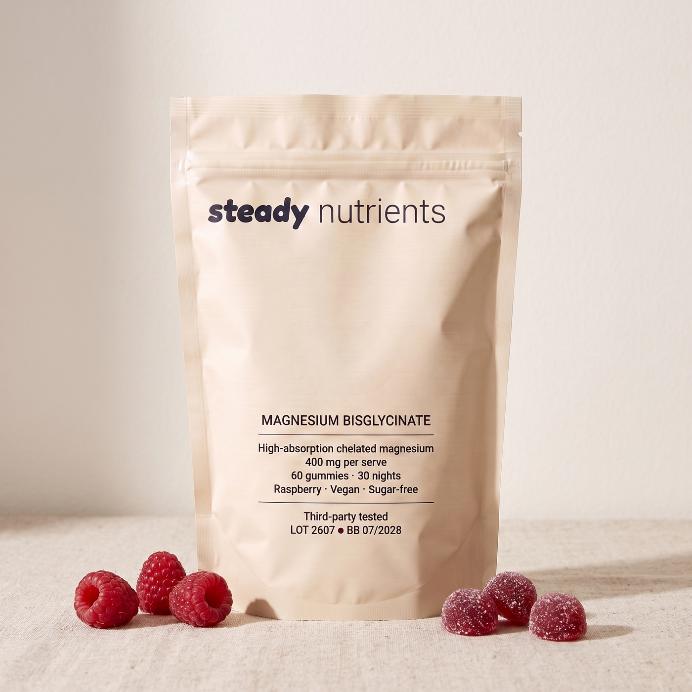 Steady magnesium bisglycinate gummies pouch with raspberries and gummies